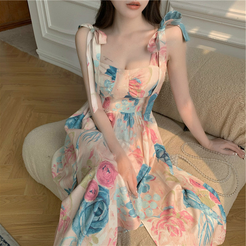 Sexy Shoulder-Slit Strap Dress for Women - Floral Wrap Chest Mid-Length