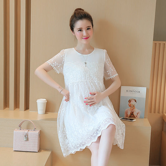 Elegant Lace Crochet Maternity Dress - Long and Comfortable