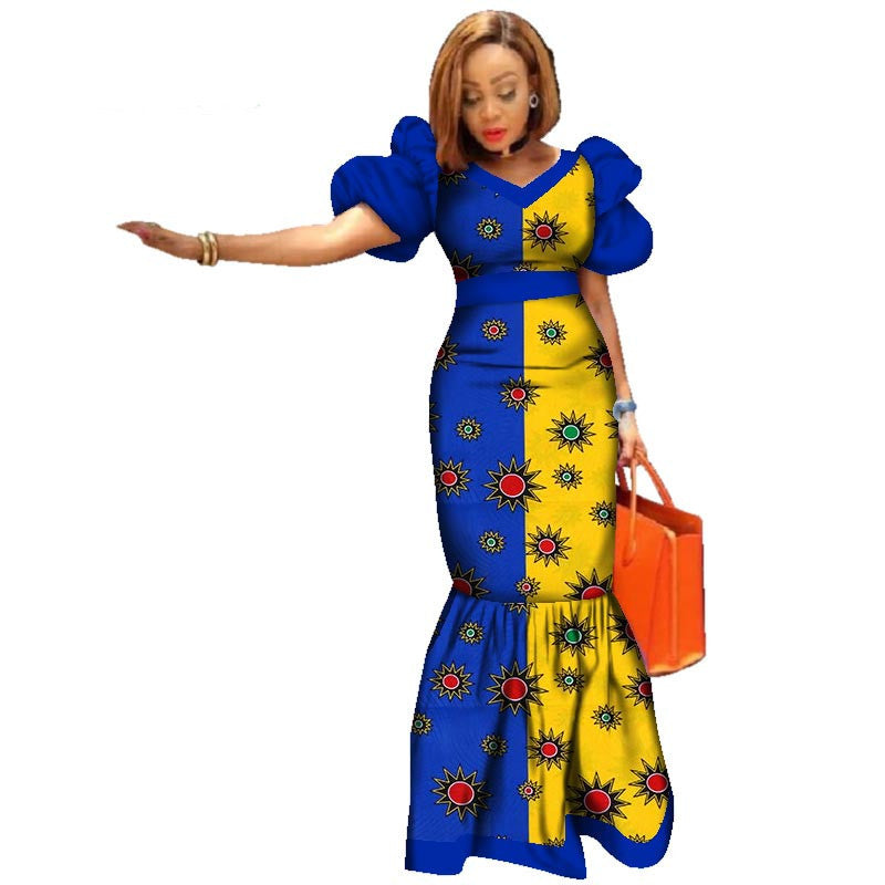 Elegant African Puff Sleeve Dress - Long Skirt Printing Style From XS to 6XL