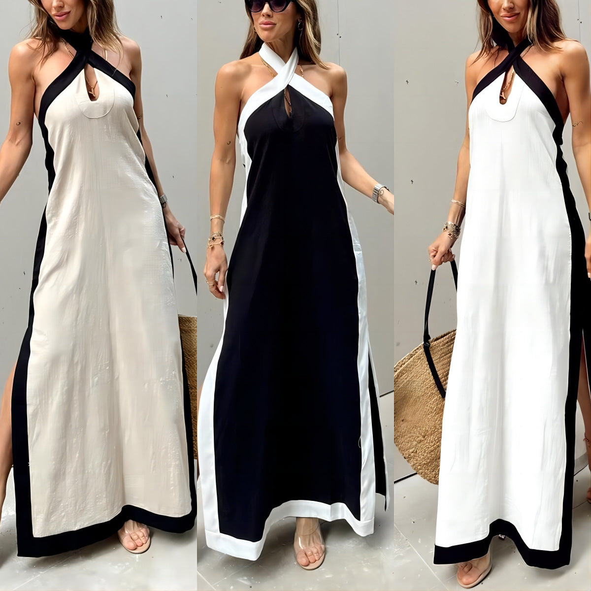 Chic Cotton and Linen Backless Halter Split Dress