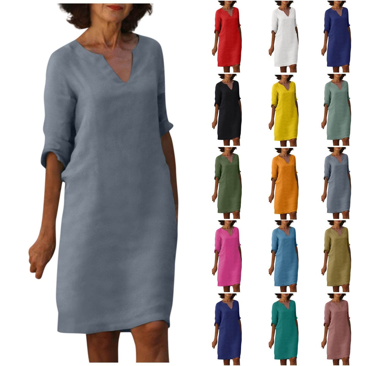 European And American Cotton And Linen V-neck Stitching Retro High Waist Pure Color 34 Sleeve Dress