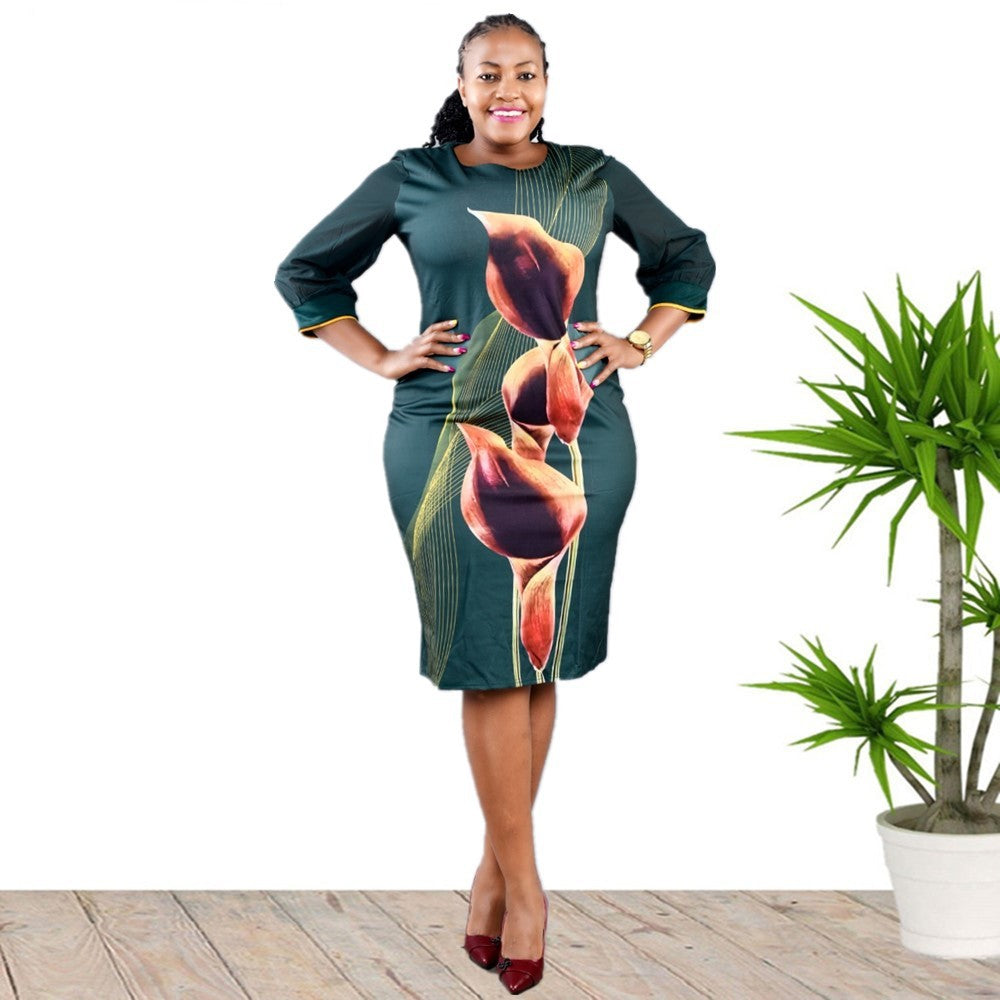 African Plus Size Women's Round Neck Positioned Print Stitching Dress