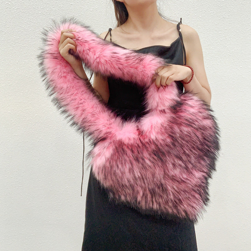 Winter Fleece Heart Shape Shoulder Bag for Women - Plush Crossbody with Large Capacity