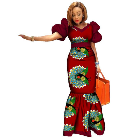Elegant African Puff Sleeve Dress - Long Skirt Printing Style From XS to 6XL