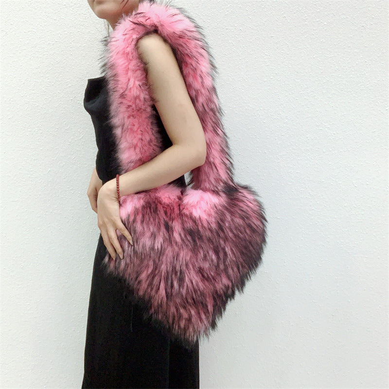 Winter Fleece Heart Shape Shoulder Bag for Women - Plush Crossbody with Large Capacity